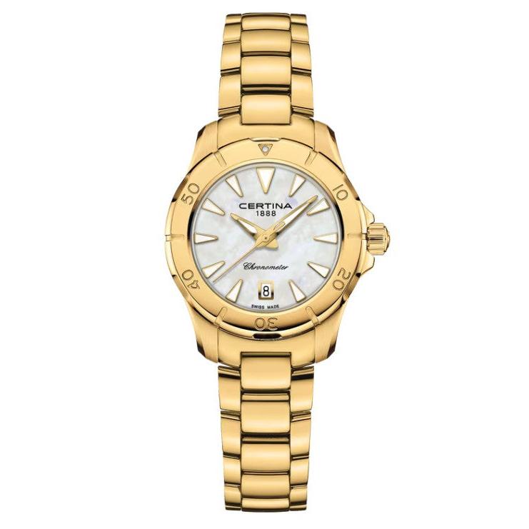 DS Action Lady 29mm Quartz Watch. Mother of Pearl Dial Stainless Steel Gold PVD Bracelet.