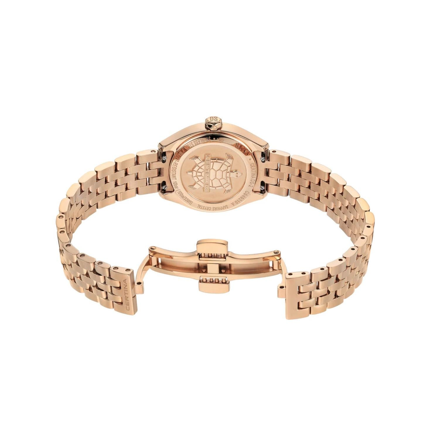 Certina DS-2 Lady Quartz Watch. Champagne Dial, Diamond Dot and Rose PVD Bracelet