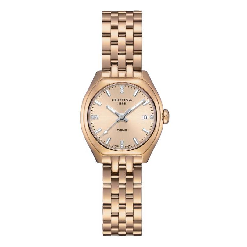 Certina DS-2 Lady Quartz Watch. Champagne Dial, Diamond Dot and Rose PVD Bracelet
