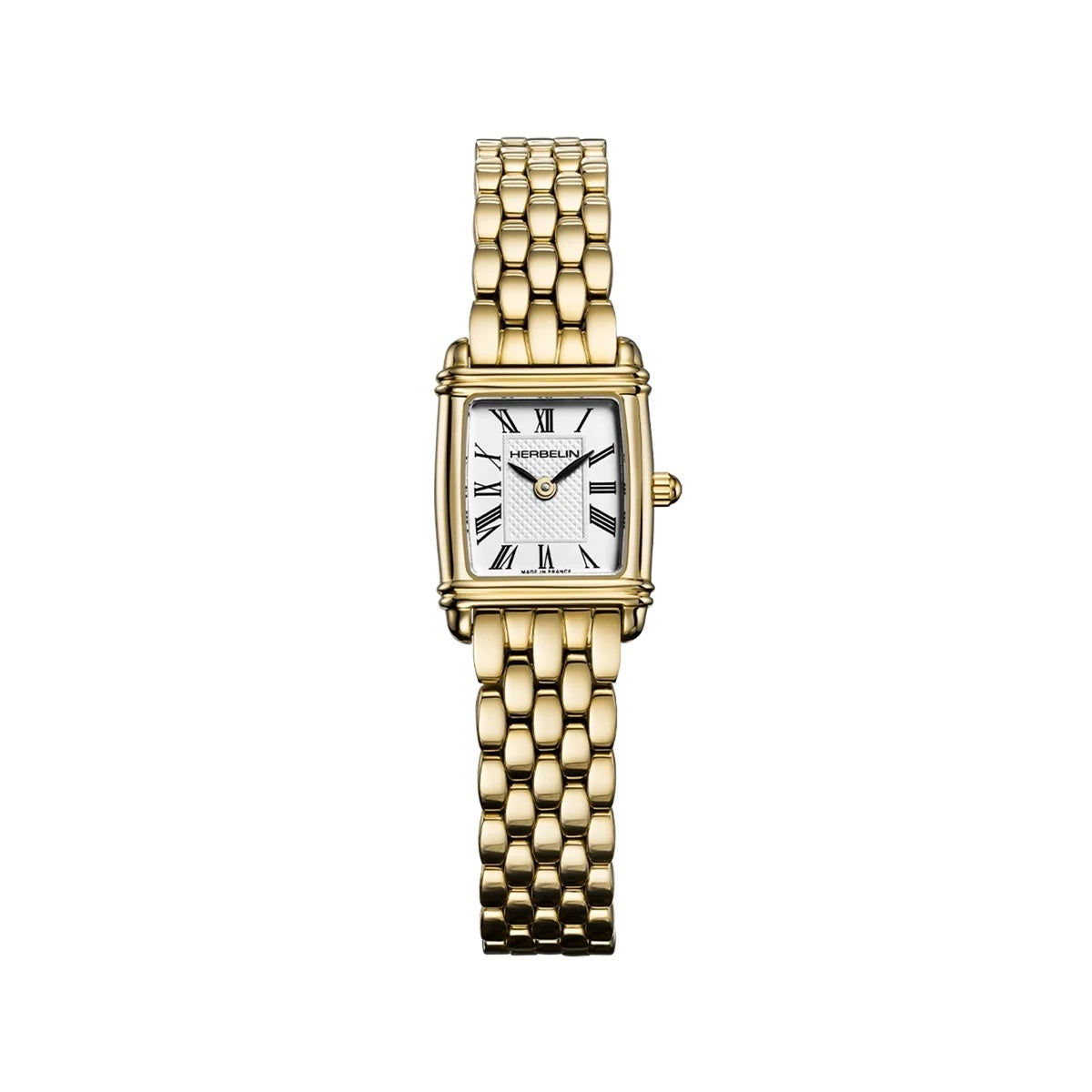 Art Deco Mini Tonneau Quartz Watch. White Dial with Roman Numerals Gold PVD Bracelet.