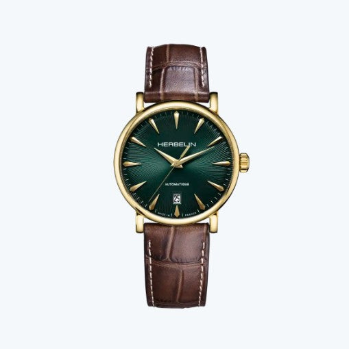 Inspiration Automatic Watch. Green Dial, Gold PVD Case and Brown Leather Strap