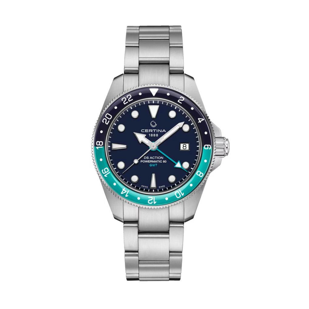 DS Action GMT Powermatic 80 Automatic Watch. Blue Dial Stainless Steel Bracelet.