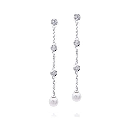 Zirconia and Shell Pearl Chain Drop Earrings