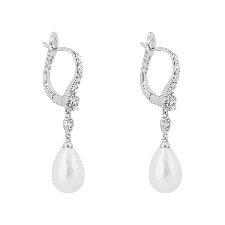 Shell Pearl Drop Lever Hook Earrings with Diamonfire Zirconia