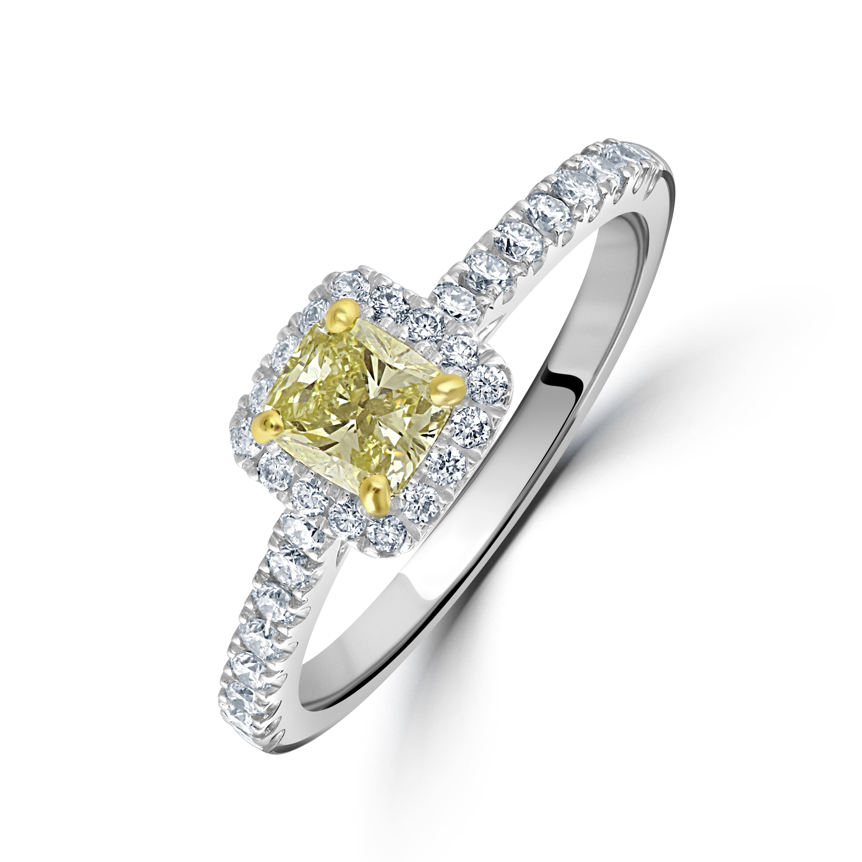 Platinum Fancy Yellow Cushion Cut Diamond Cluster Ring