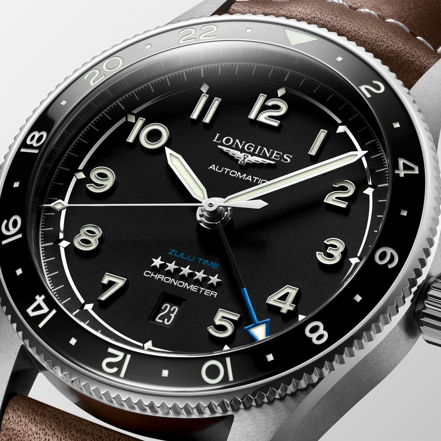 Spirit Zulu Time Chronometer Automatic Watch. Black Dial Brown Leather Strap.