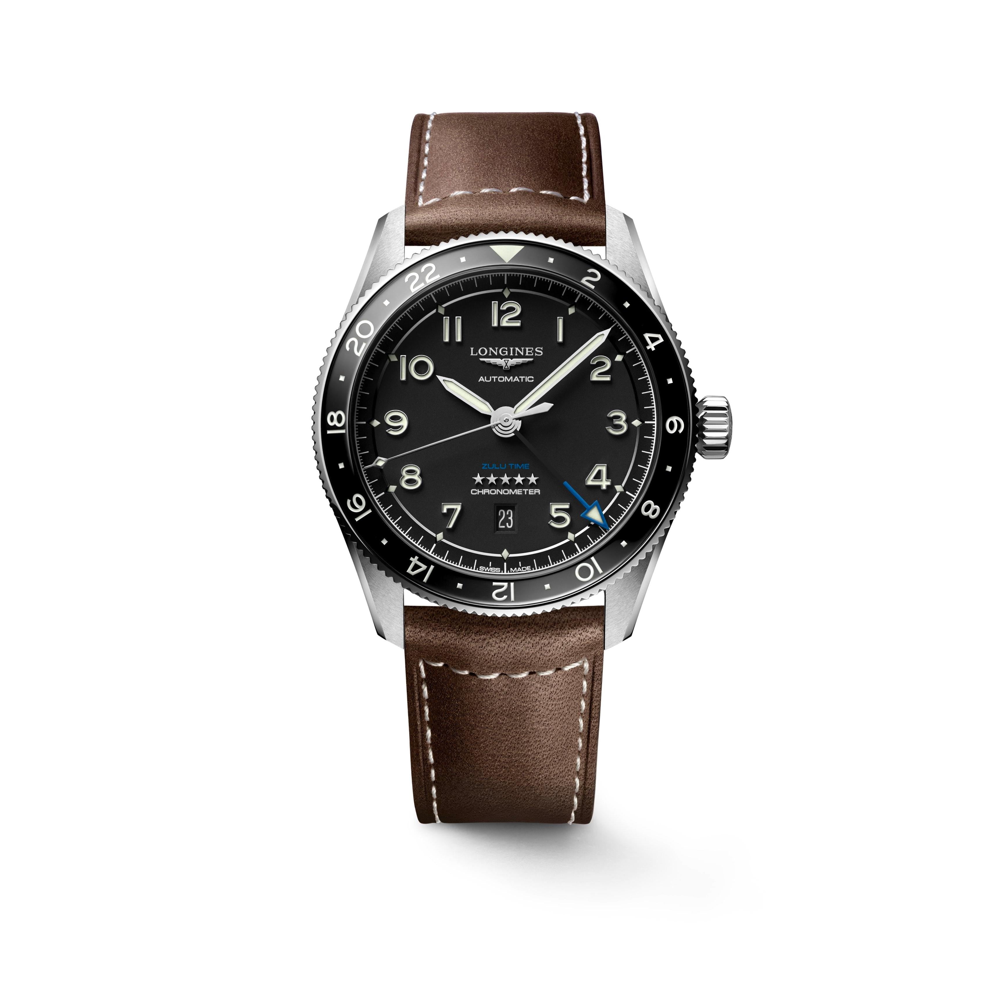 Spirit Zulu Time Chronometer Automatic Watch. Black Dial Brown Leather Strap.