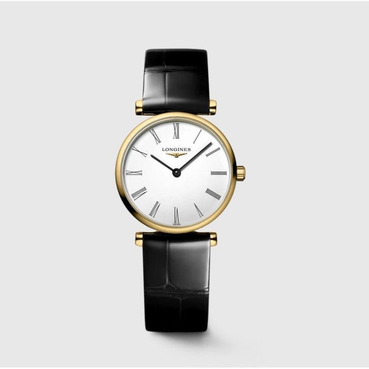 Le Grande Classique Quartz Watch. White Dial, Roman Numeral, Black Leather Strap.