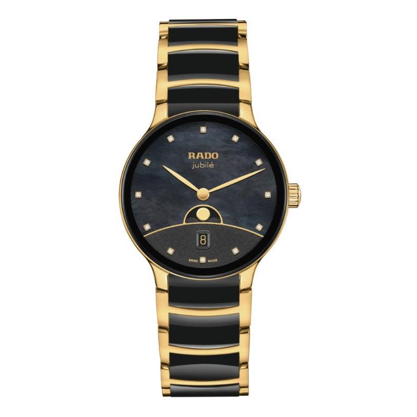 Rado Centrix Moonphase Quartz Watch. Black Mother of Pearl Dial Diamond Dot Dial.