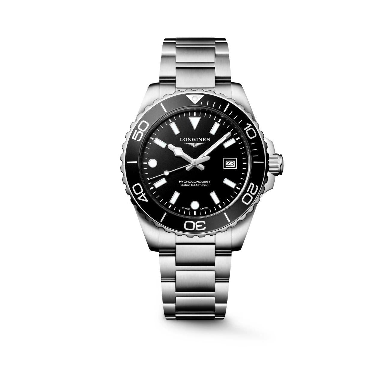 Hydroconquest Quartz Watch. Black Dial Stainless Steel Bracelet.