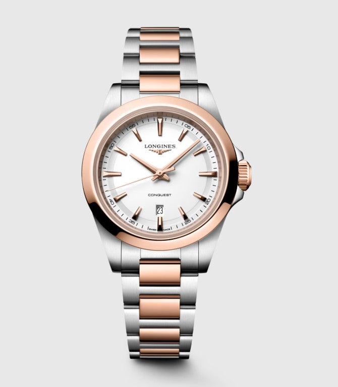 Longines Conquest Quartz Watch. White Dial Rose PVD and Stainless Steel Bracelet