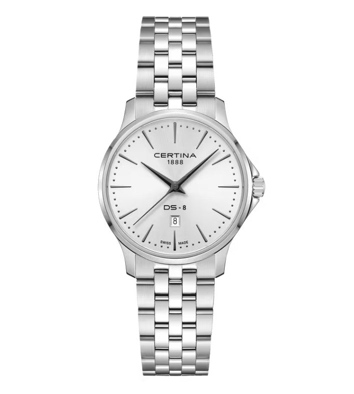Certina DS-8 Lady Quartz Watch. White Dial Stainless Steel Bracelet.