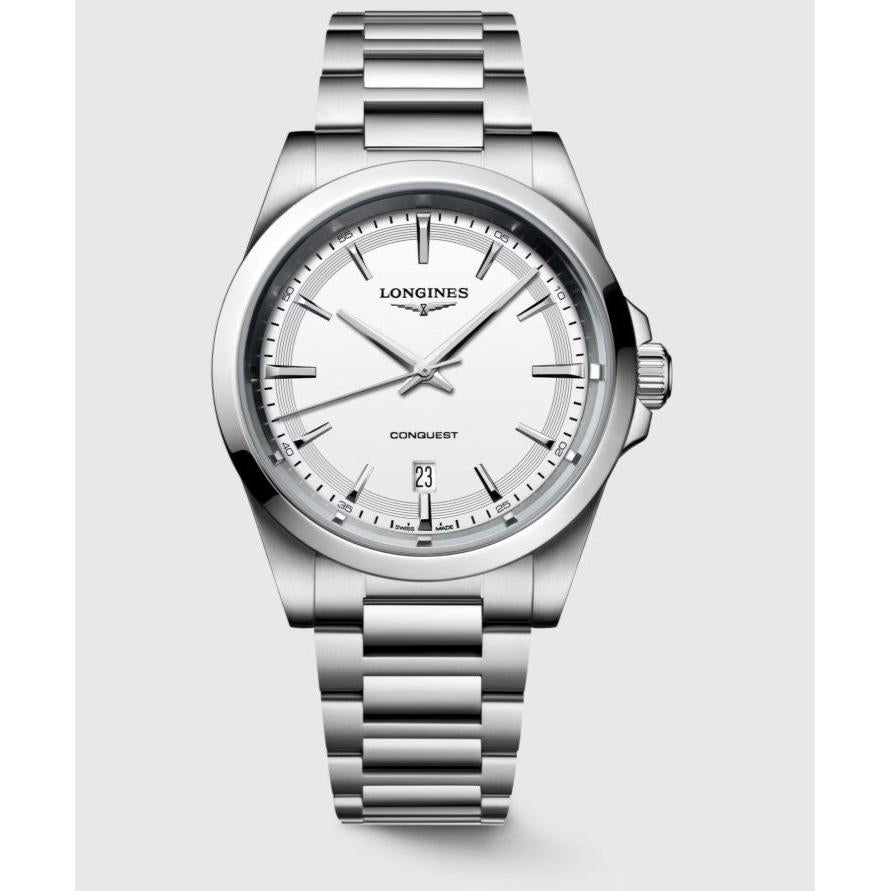 Longines Conquest Quartz Watch. White Dial Stainless Steel Bracelet.
