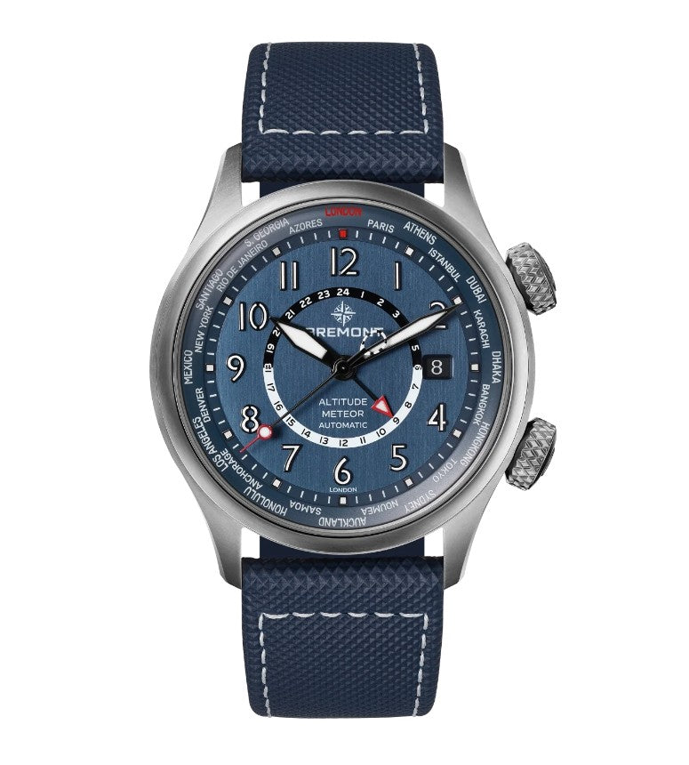Bremont Altitude MB Meteor Time Zone Automatic Watch. Blue Dial Blue Rubber/Leather Strap