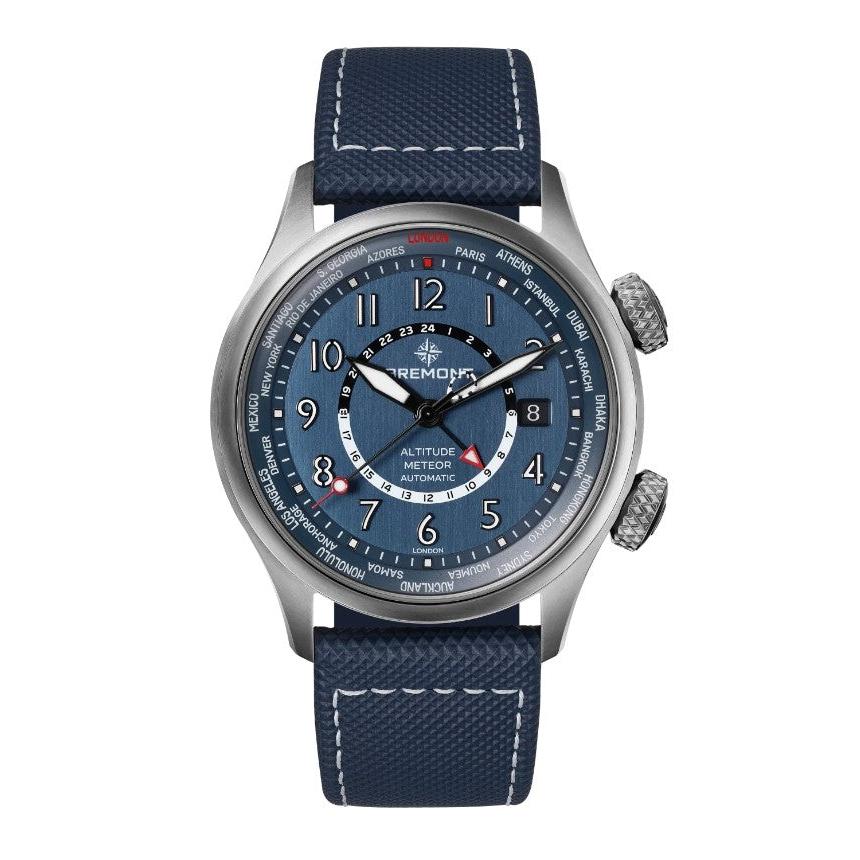 Bremont Altitude MB Meteor Time Zone Automatic Watch. Blue Dial Blue Rubber/Leather Strap