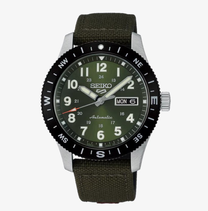 Seiko 5 Sports Field in Fatigue Green Automatic Watch. On Green Nylon Strap
