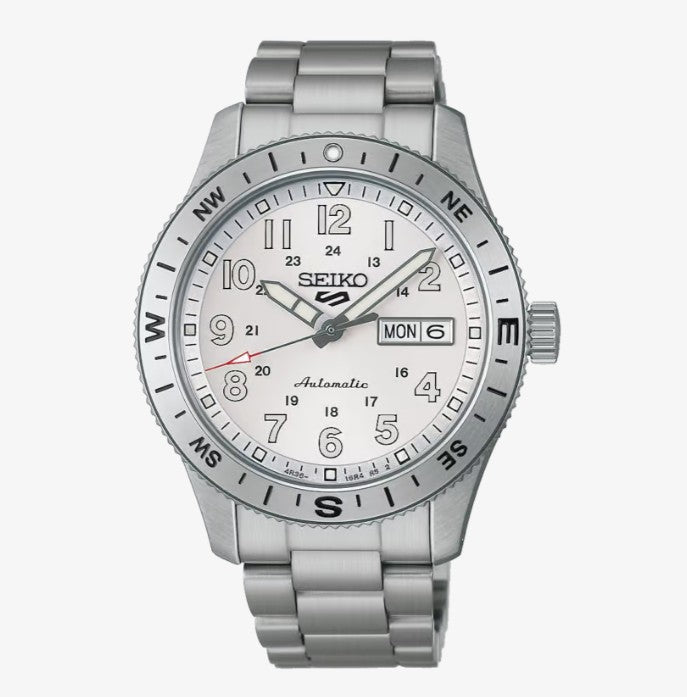 Seiko 5 Sports Field in White Ensign Automatic Watch. On Stainless Steel Bracelet