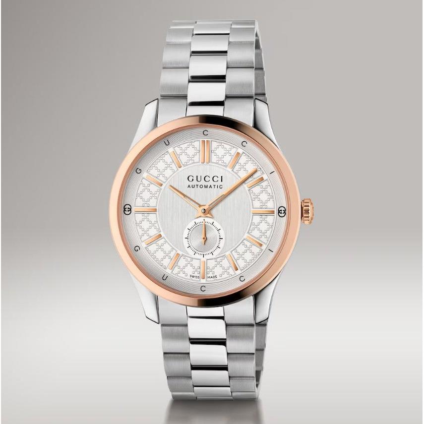 Gucci G-Timeless Automatic Watch. White Dial With Rose Gold Plated Accents, Stainless Steel Bracelet