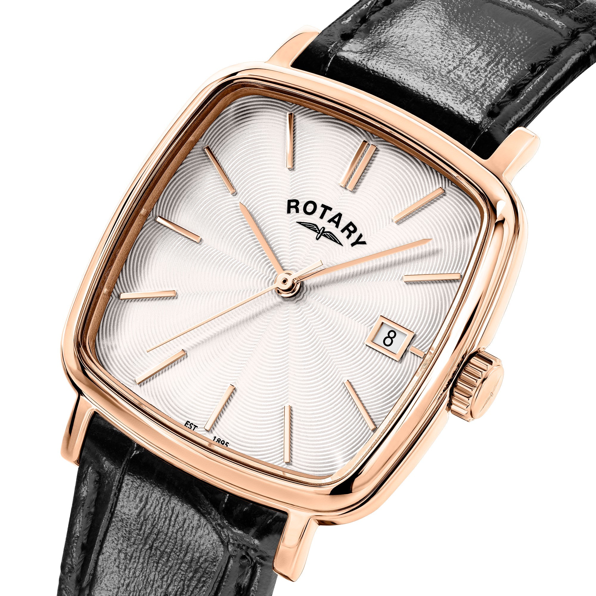 Heritage Astoria Quartz Watch. White Dial, Rose Gold Plated Case, Black Leather Strap.