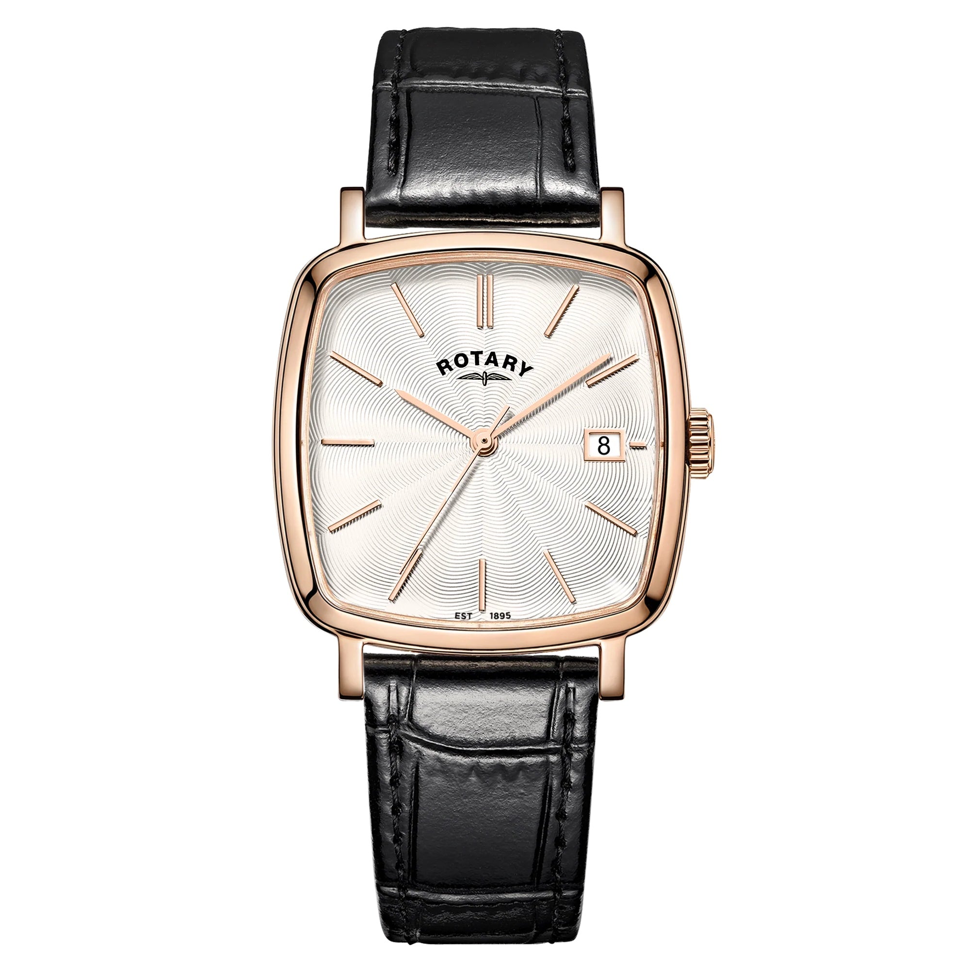 Heritage Astoria Quartz Watch. White Dial, Rose Gold Plated Case, Black Leather Strap.