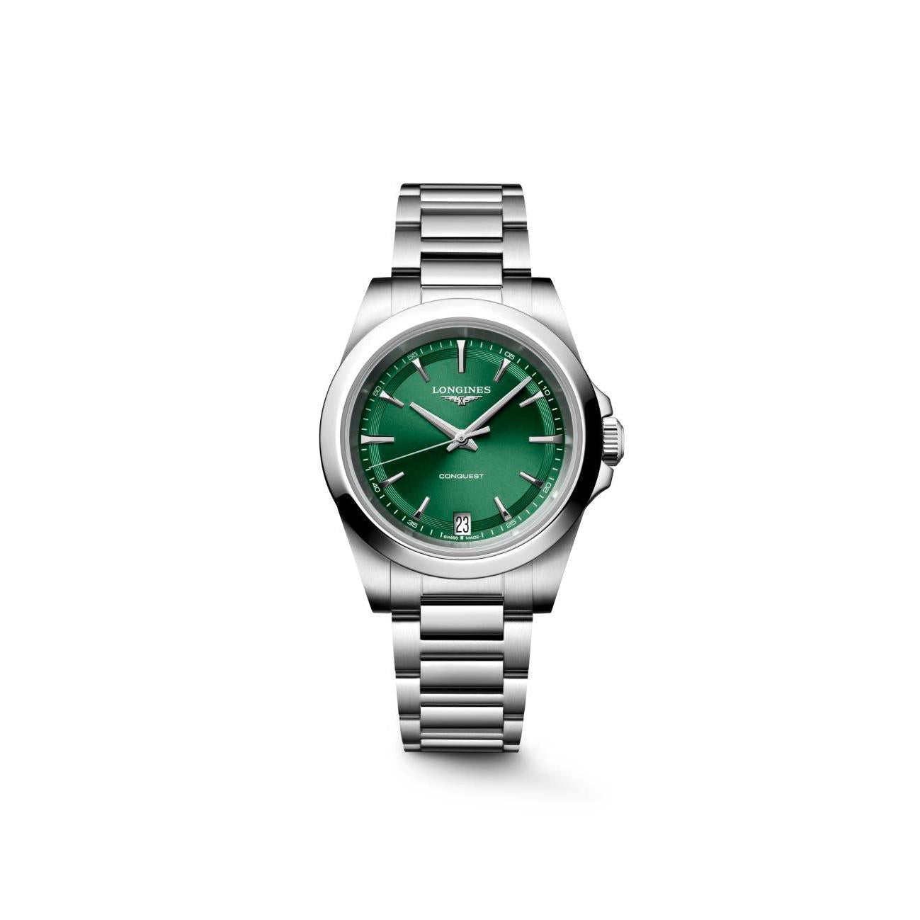 Longines Conquest Quartz Watch. Green Dial Stainless Steel Bracelet.