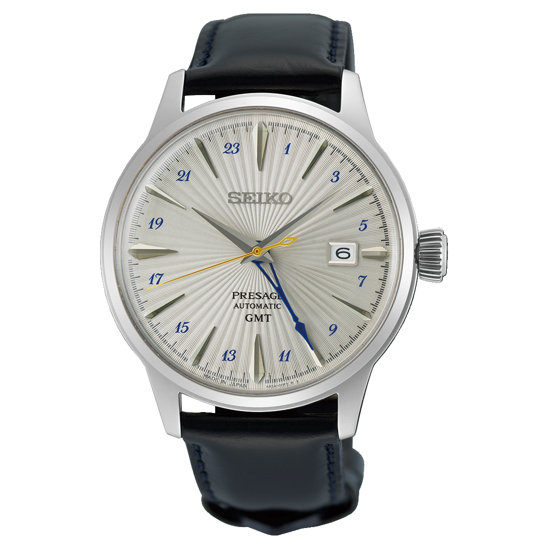 Seiko Presage Silver Bullet Cocktail Time GMT Automatic Watch. Black Leather Strap