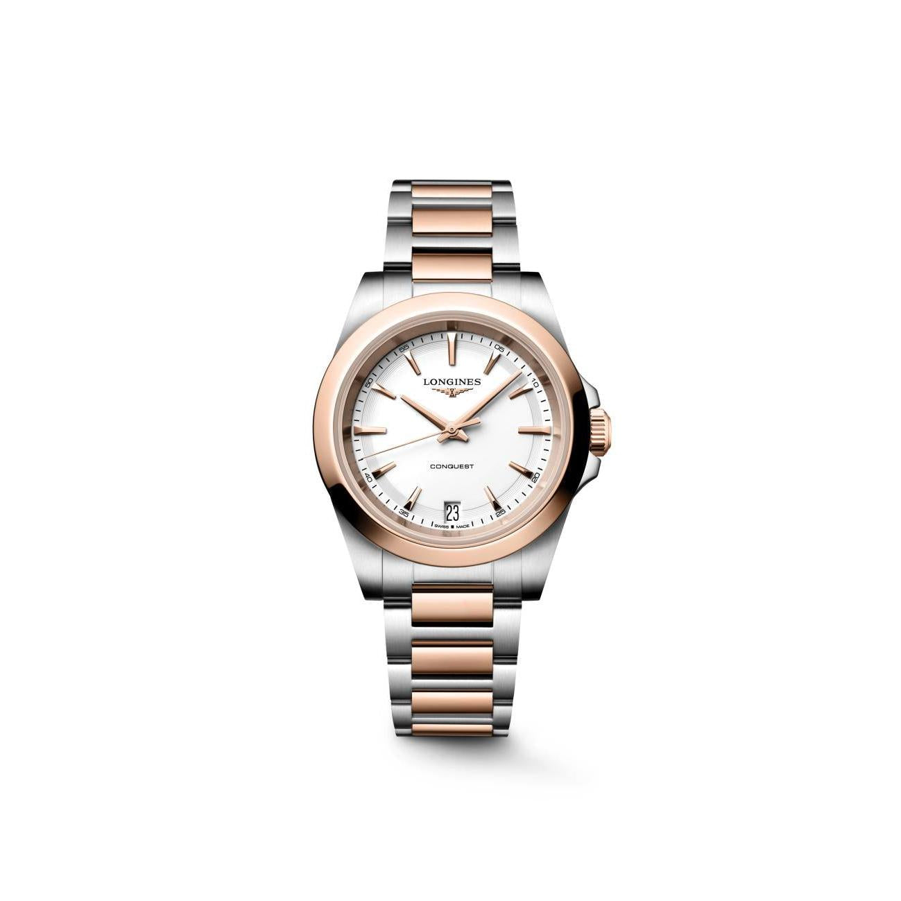 Longines Conquest Quartz Watch. White Dial Rose Gold PVD and Stainless Steel Bracelet