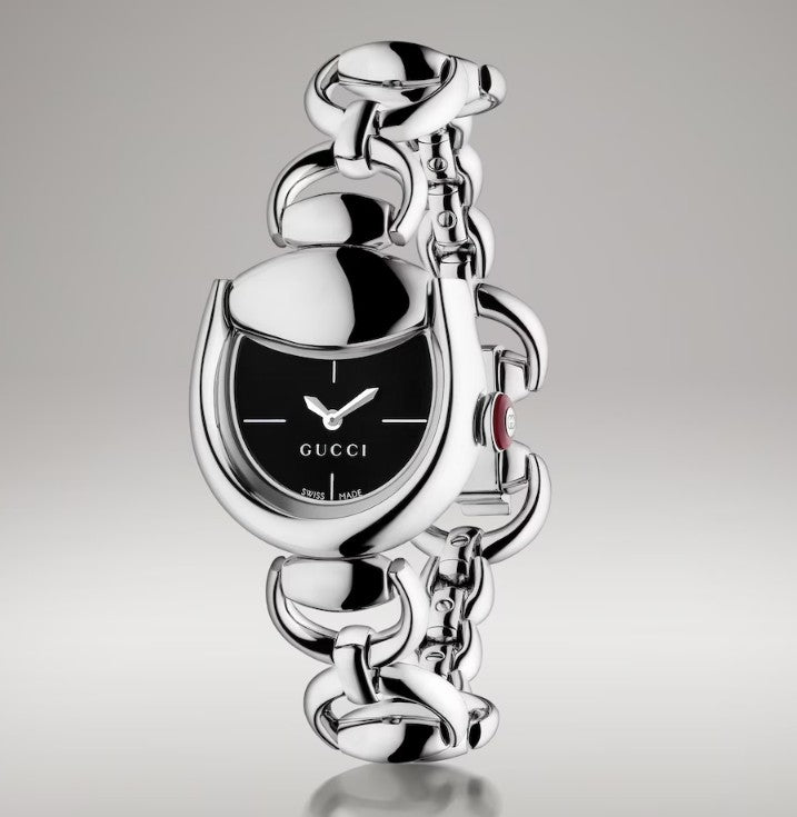 Gucci Horsebit Quartz Watch. Black Dial Stainless Steel Horsebit Bracelet.