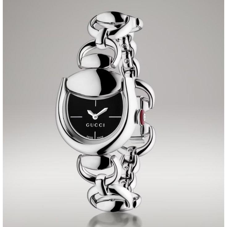 Gucci Horsebit Quartz Watch. Black Dial Stainless Steel Horsebit Bracelet.