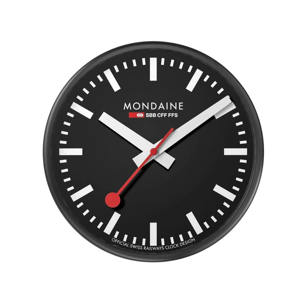 Mondaine Black Wall Clock 25cm with Black Aluminium Case
