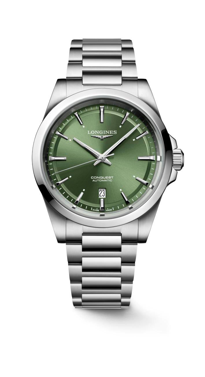 Longines Conquest Automatic Watch. Green Dial Stainless Steel Bracelet.