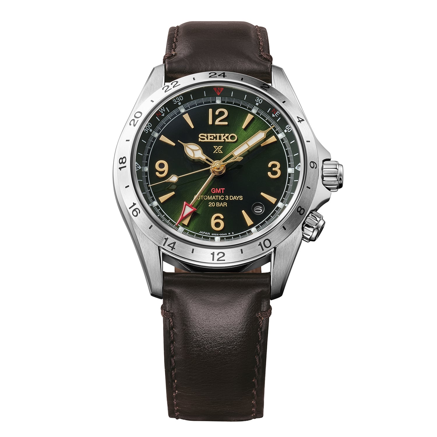 Seiko Prospex Alpinist Mechanical GMT Automatic Watch. Green Dial Brown Leather Strap