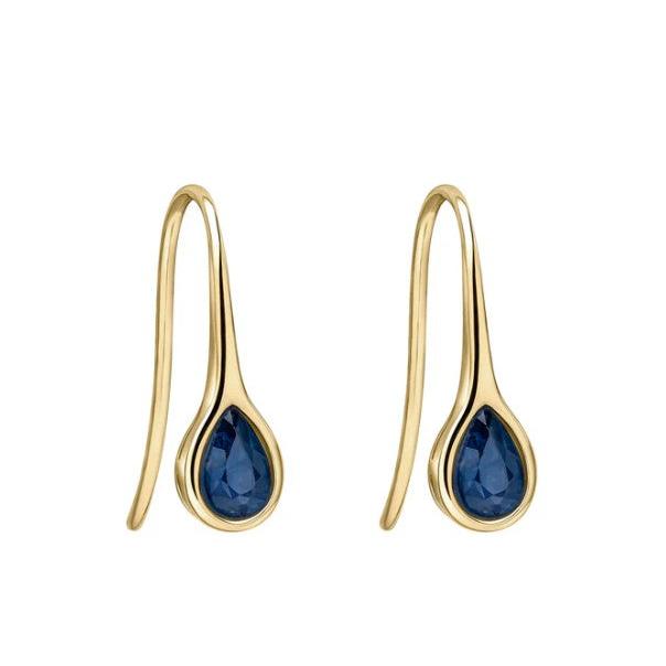 9ct Yellow Gold Teardrop Sapphire Sleek Hook Drop Earrings