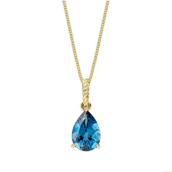 9ct Yellow Gold Pear Shaped London Blue Topaz Rope Twist Pendant