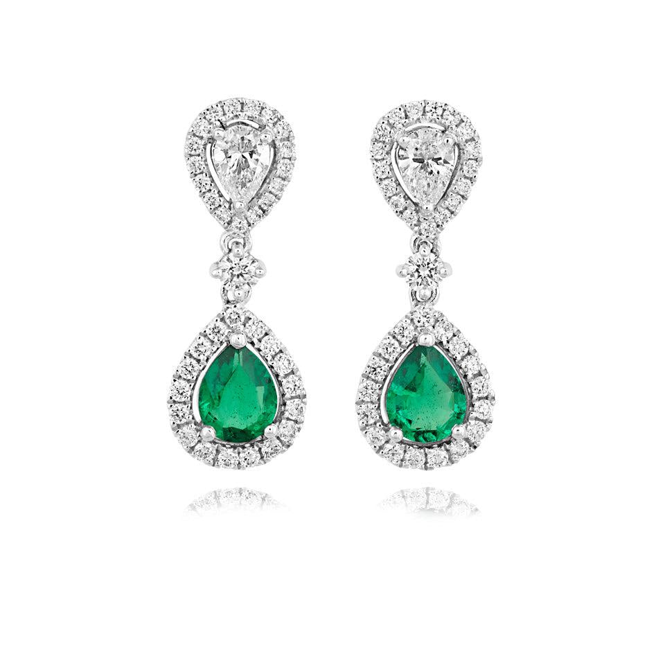 18ct white gold Emerald and Diamond and all Diamond pear shaped double cluster drop earrings