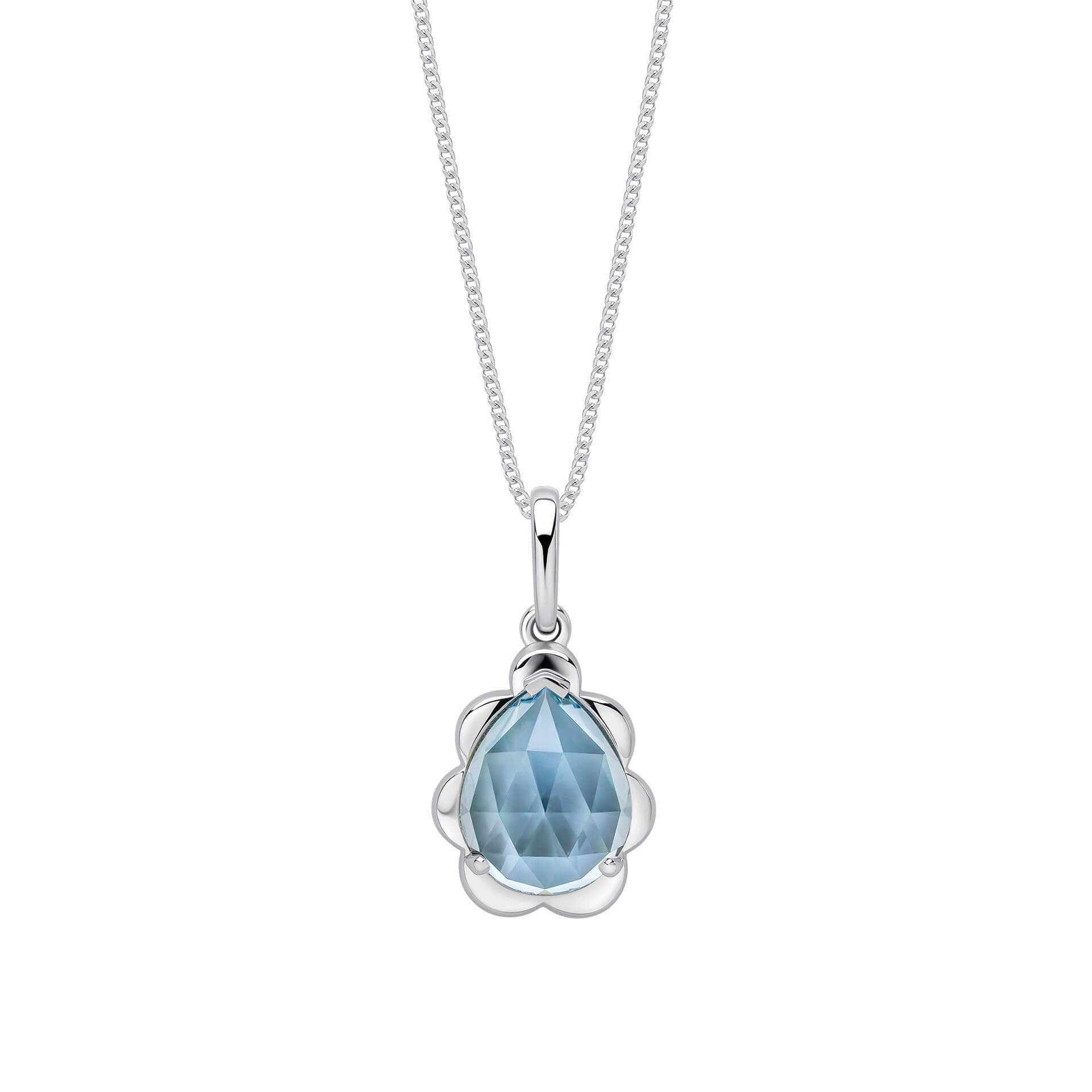 9ct White Gold Fancy Cut Sky Blue Topaz Flower Bud Pendant