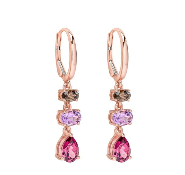 9ct Rose Gold Rhodalite Garnet, Amethyst and Smokey Quartz Drop Earrings
