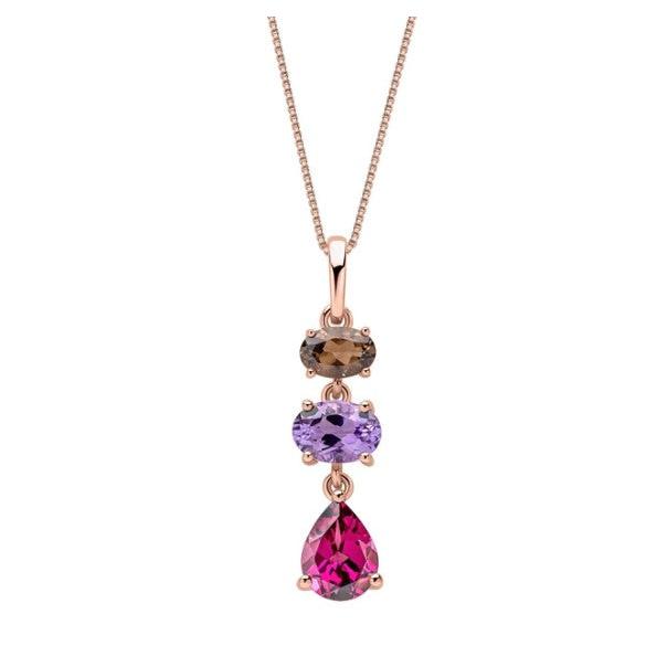 9ct Rose Gold Rhodalite Garnet, Amethyst and Smokey Quartz Pendant