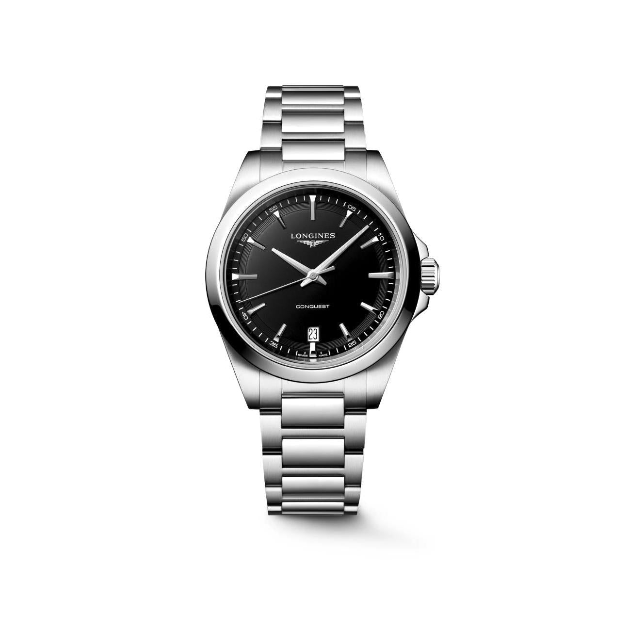 Conquest Quartz Watch. Black Dial Stainless Steel Bracelet.