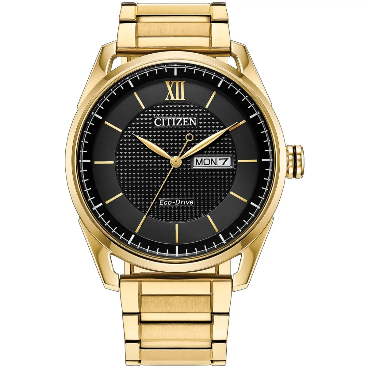 Gents Eco-Drive Watch. Black Dial Yellow Gold Plated Bracelet