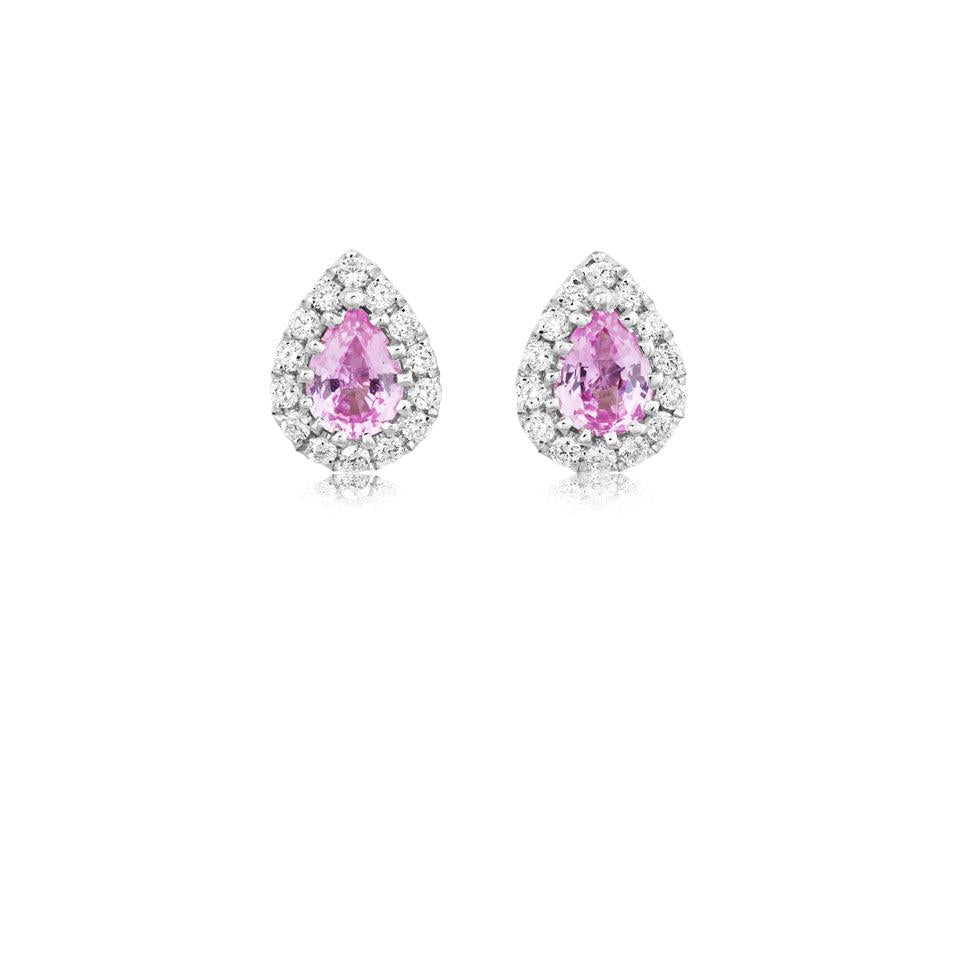 18ct white gold pear shaped pink sapphire and diamond halo claw set stud earrings