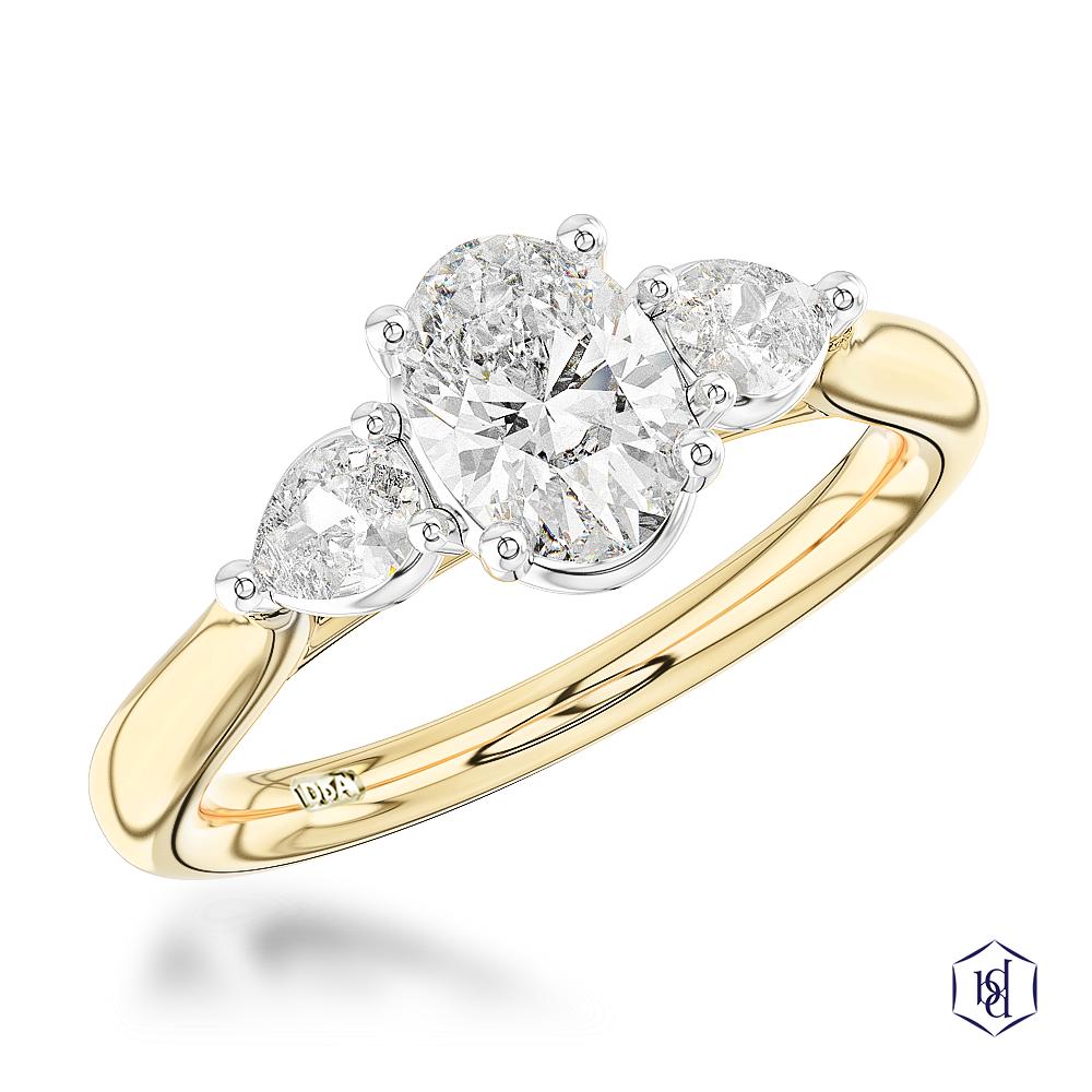 Florentine Oval Cut 18ct Yellow Gold Shank and Platinum Head Three Stone Diamond