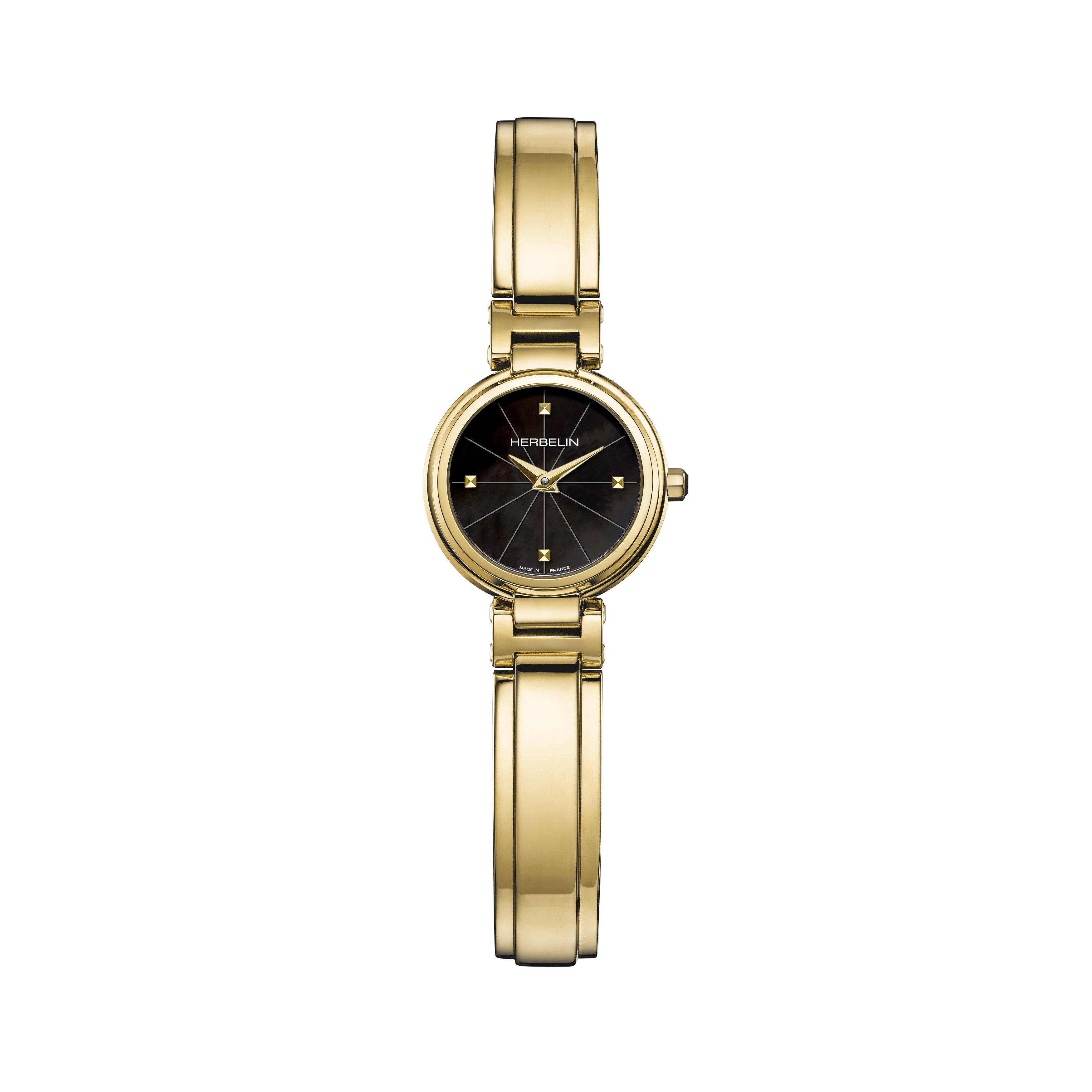 Lady H Quartz Watch. Black Mother of Pearl Dial, Yellow Gold PVD Bangle, Bracelet.
