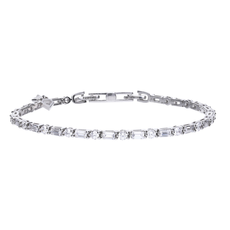 Silver Baguette and Round Cut Cubic Zirconia Tennis Bracelet