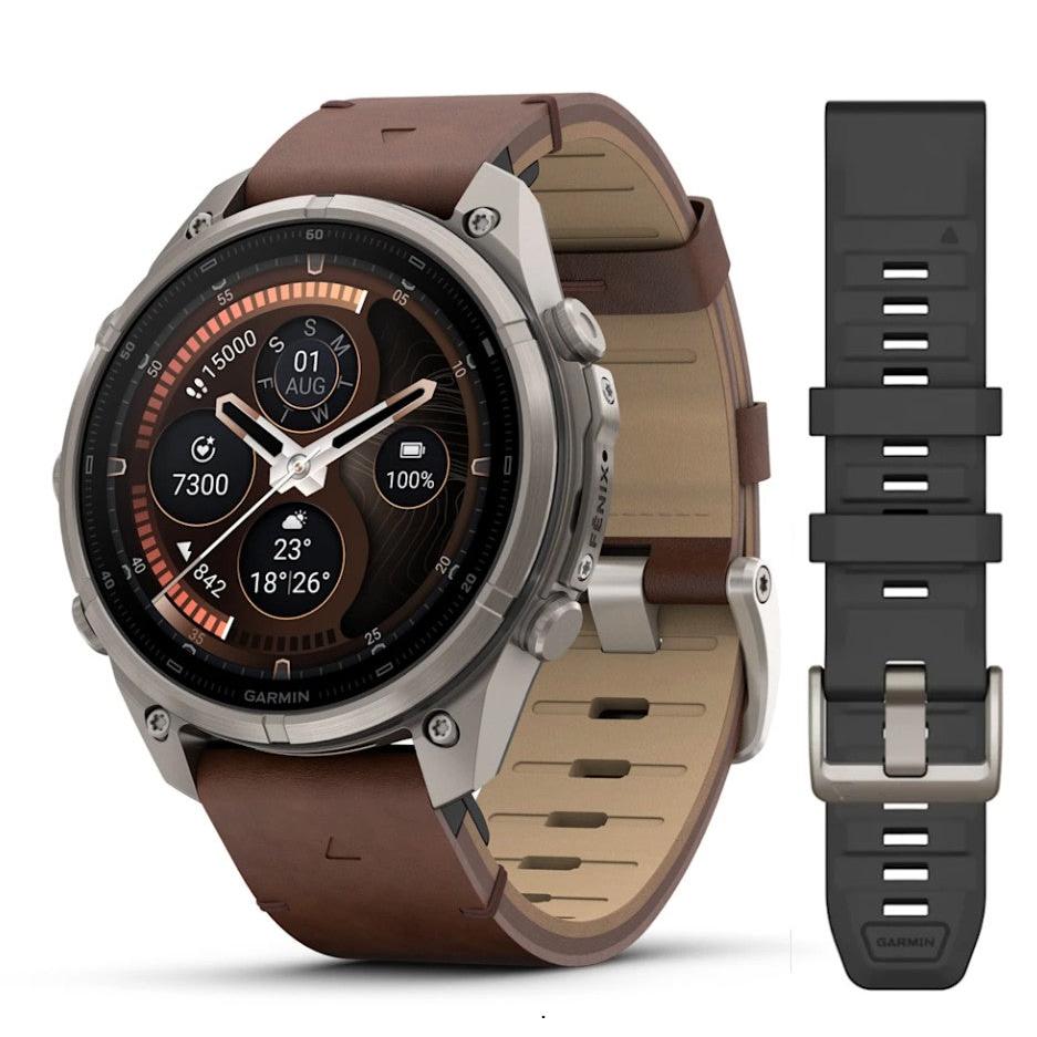 Fenix 9 Pro inReach 47mm. Titanium with Walnut Leather Band and Addition Silicone Band