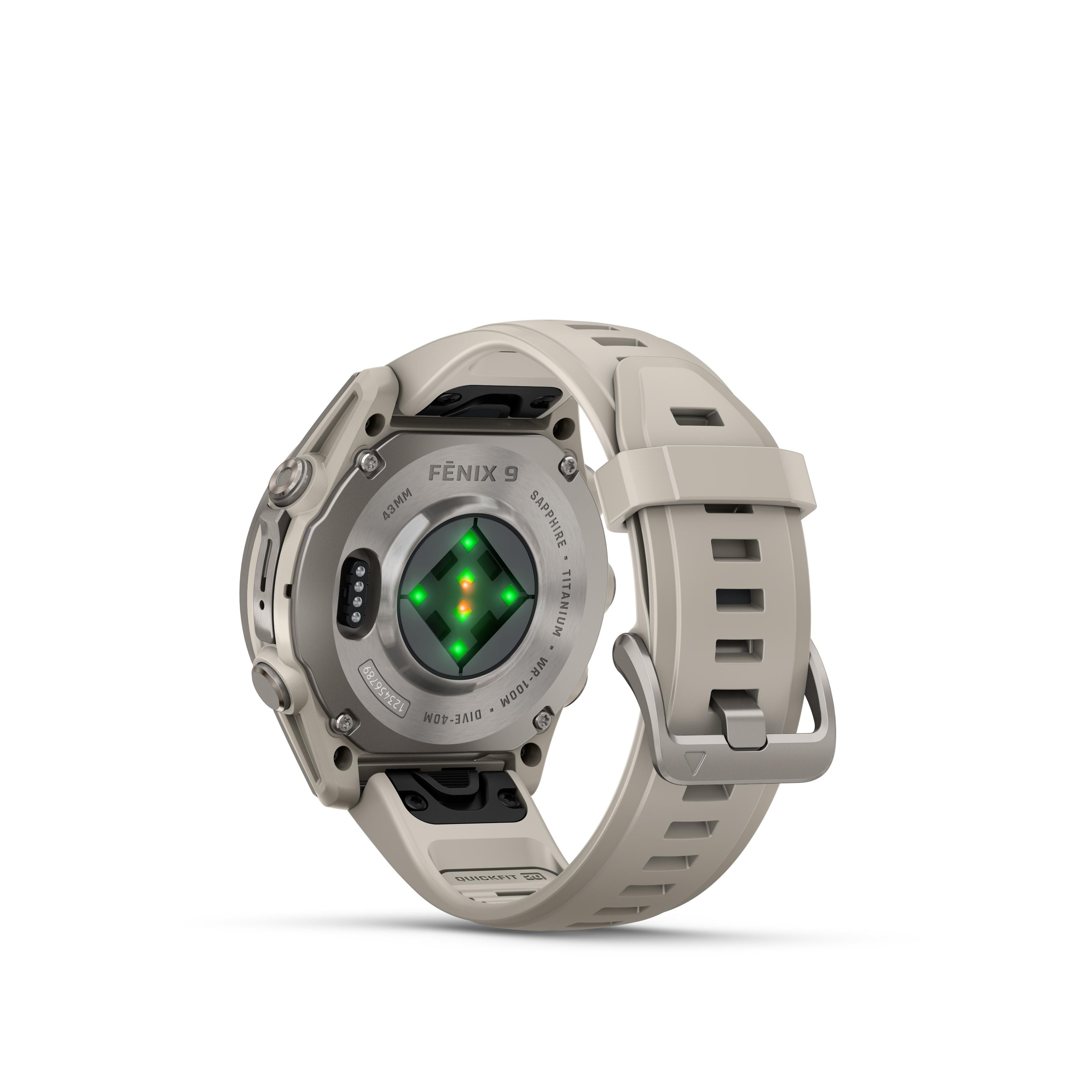Fenix 9 43mm. AMOLED Display. Titanium with Fog Grey Silicone Band