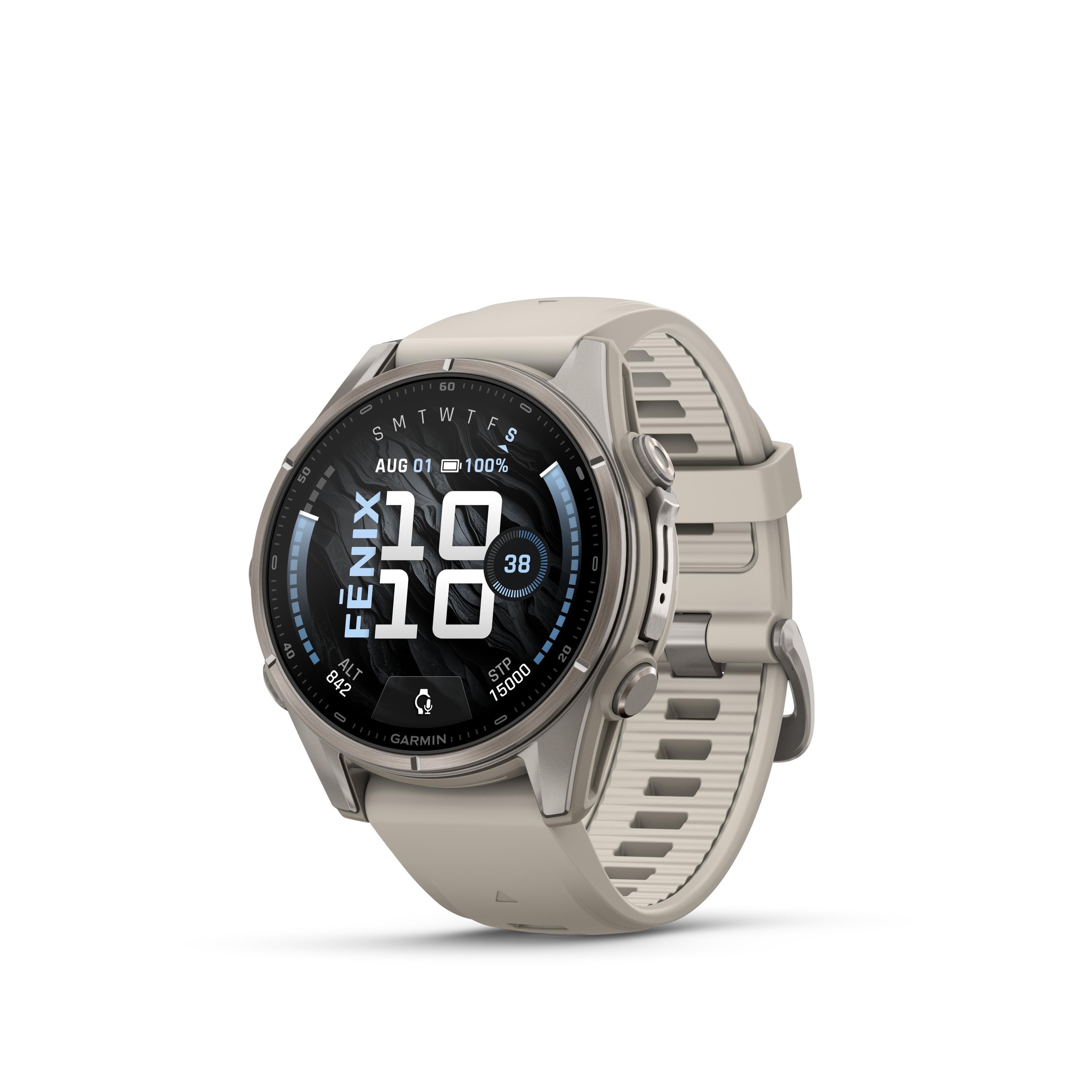 Fenix 9 43mm. AMOLED Display. Titanium with Fog Grey Silicone Band