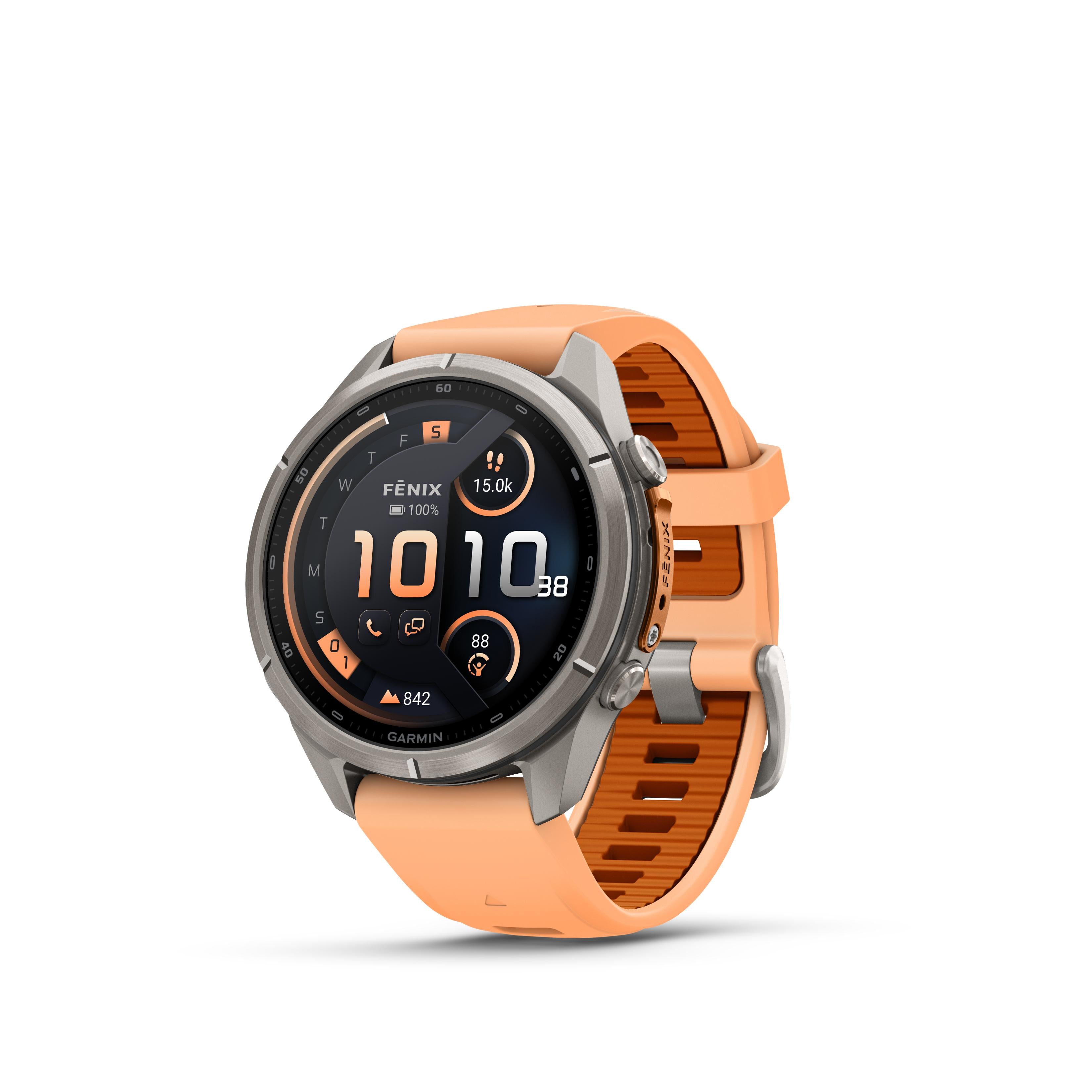 Fenix 9 Pro inReach 43mm. Titanium with Shell Pink/ Autumn Orange Silicone Band