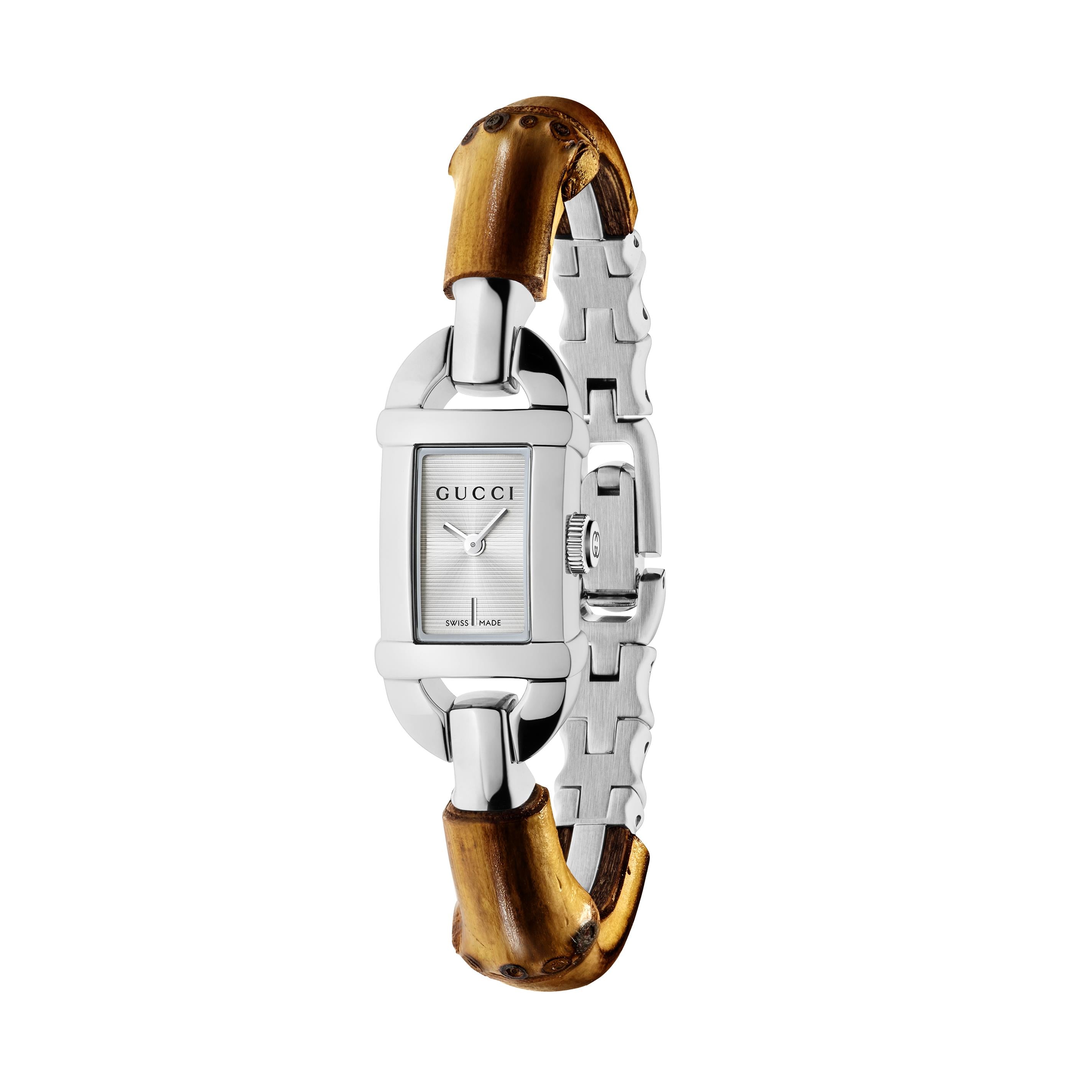 Gucci Bamboo Quartz Watch. White Dial, Stainless Steel Case, Bamboo Bracelet.