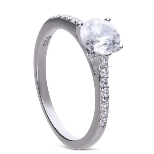 Diamonfire Silver Round Solitaire Cubic Zirconia Ring with Pave Shoulders